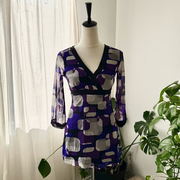 Vintage y2k Geometric Print V Neck Mesh Dress - Picture 1 of 5